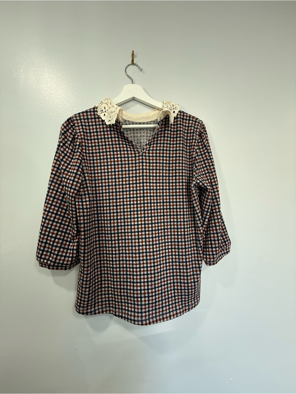 Faith and Joy Crochet Collar Check Blouse